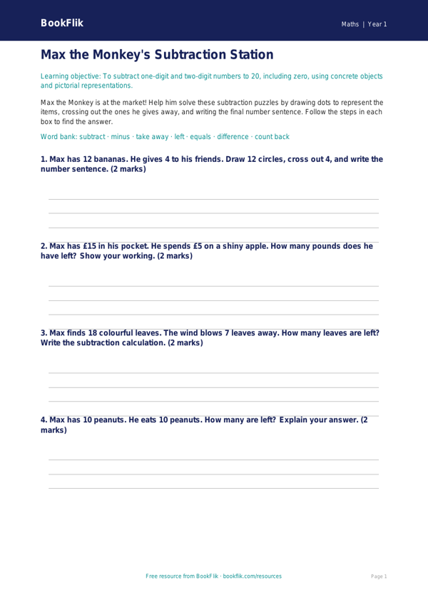 Free Subtraction Template | Year 1 | Maths | BookFlik worksheet preview — Maths Subtraction