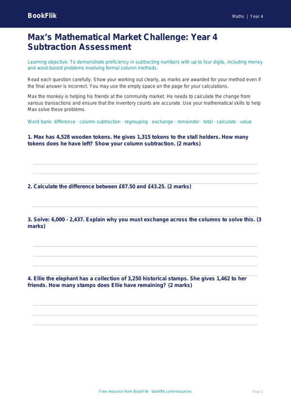 Free Subtraction Assessment | Year 4 | Maths | BookFlik worksheet preview — Maths Subtraction