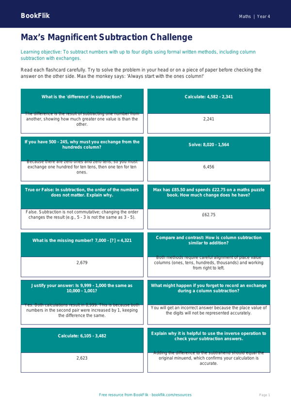 Maths subtraction flashcards year 4 greater depth worksheet preview — Maths Subtraction