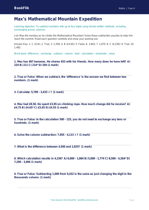 Advanced Subtraction Challenge | Year 4 Maths | BookFlik worksheet preview — Maths Subtraction