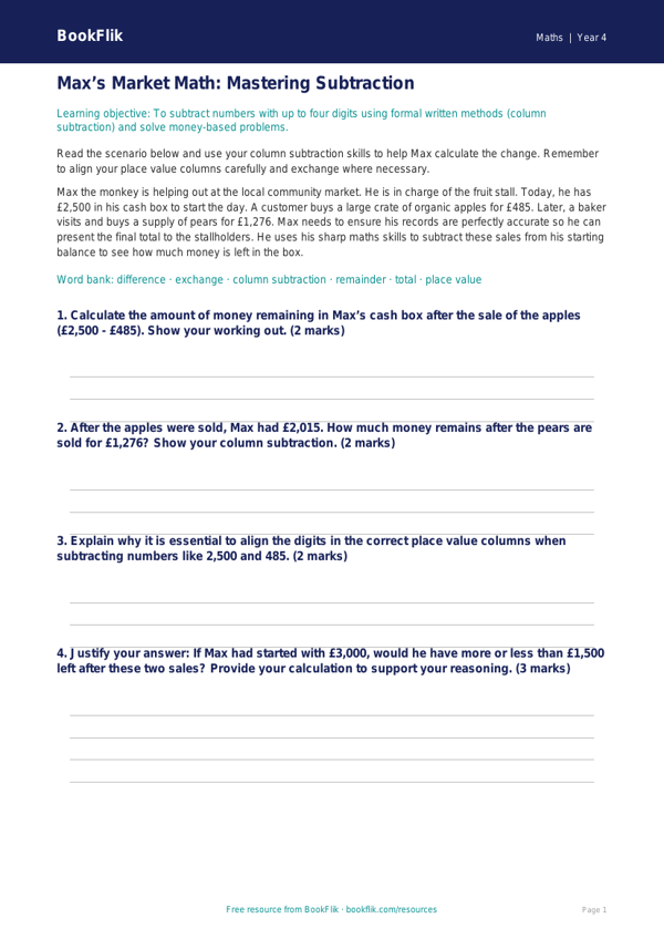 Free Subtraction Track Sheet | Year 4 | Maths | BookFlik worksheet preview — Maths Subtraction