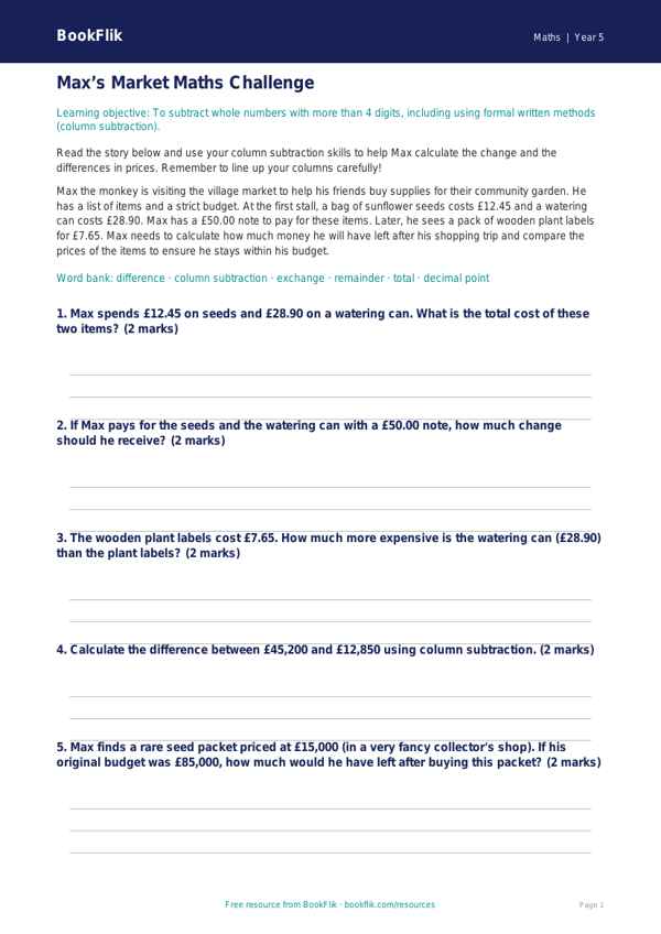 Free Subtraction Track Sheet | Year 5 | Maths | BookFlik worksheet preview — Maths Subtraction