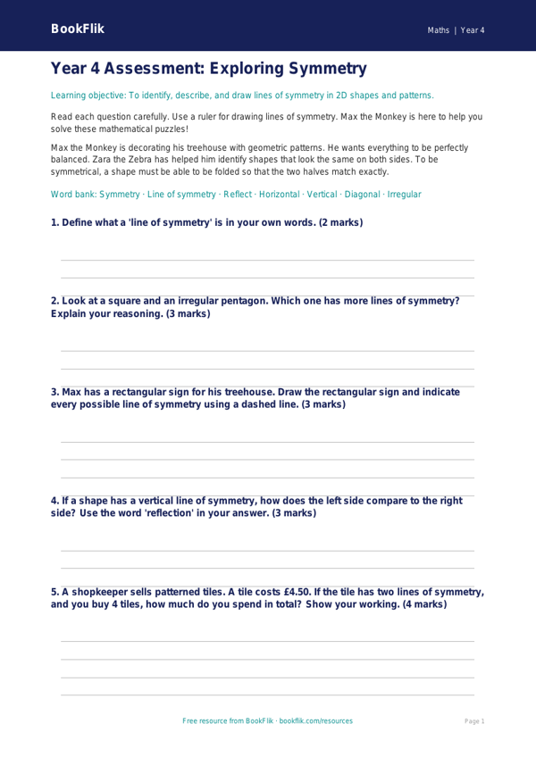 Free Symmetry Assessment | Year 4 | Maths | BookFlik worksheet preview — Maths Symmetry