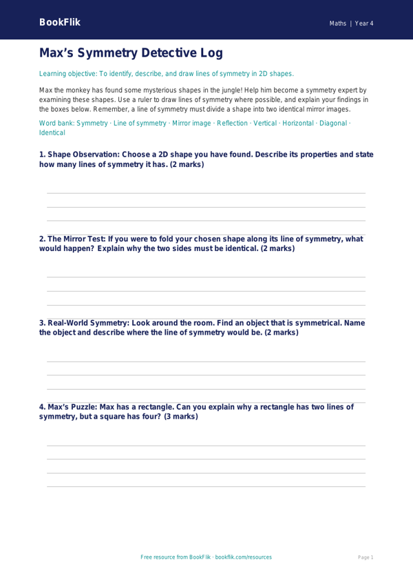 Maths symmetry template year 4 core worksheet preview — Maths Symmetry