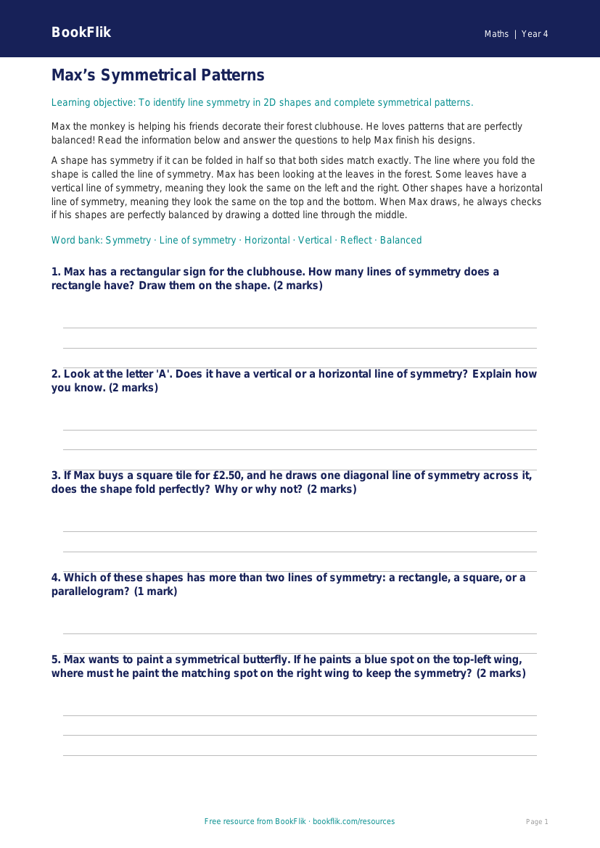 Free Symmetry Track Sheet | Year 4 | Maths | BookFlik worksheet preview — Maths Symmetry