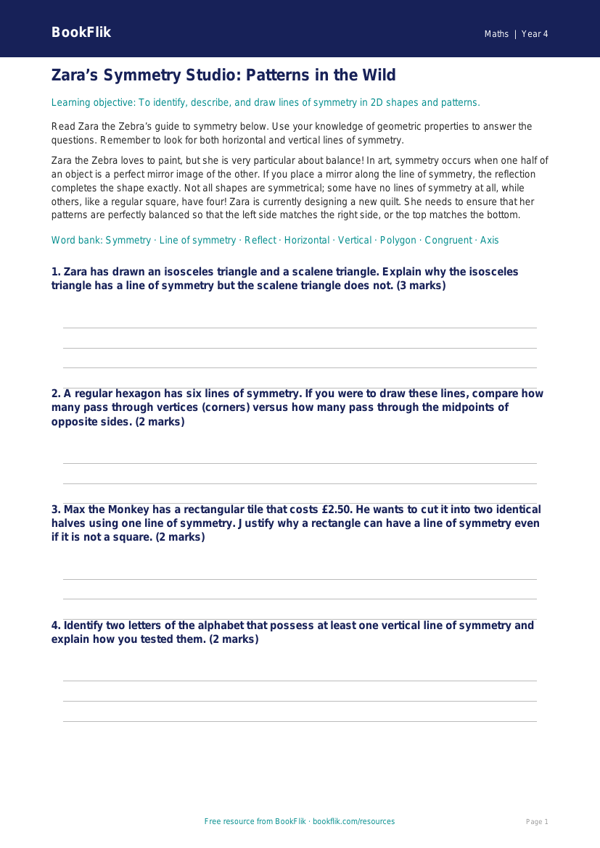 Free Symmetry Track Sheet | Year 4 | Maths | BookFlik worksheet preview — Maths Symmetry