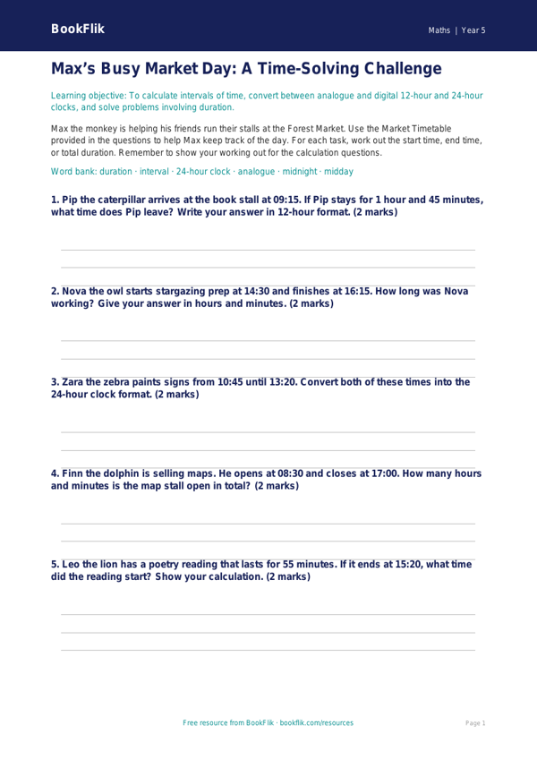Time Activity Sheet | Year 5 Maths | Australian Curriculum worksheet preview — Maths Time
