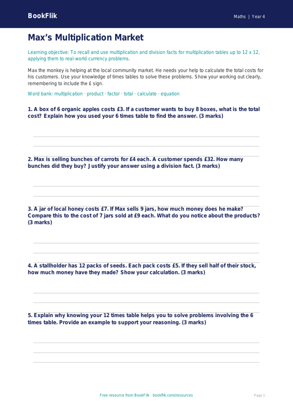 Free Times Tables Activity Sheet | Year 4 | Maths | BookFlik worksheet preview — Maths Times Tables
