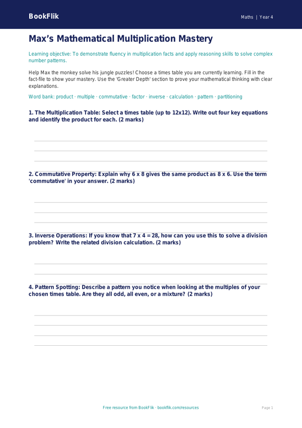Free Times Tables Template | Year 4 | Maths | BookFlik worksheet preview — Maths Times Tables