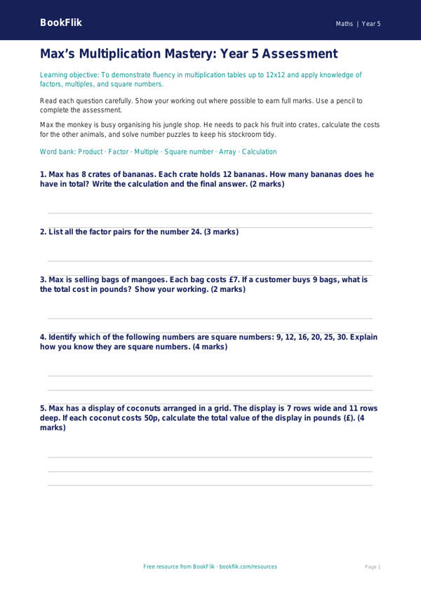 Free Times Tables Assessment | Year 5 | Maths | BookFlik worksheet preview — Maths Times Tables