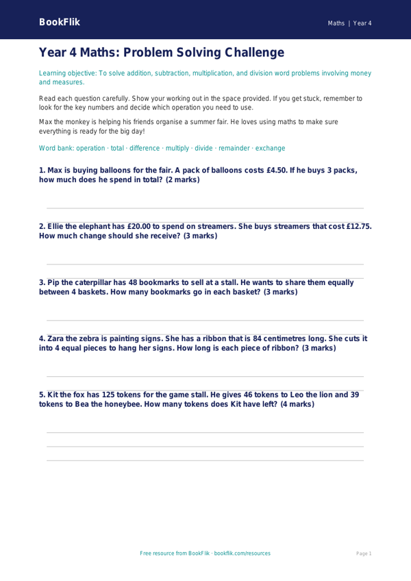 Free Word Problems Assessment | Year 4 | Maths | BookFlik worksheet preview — Maths Word Problems