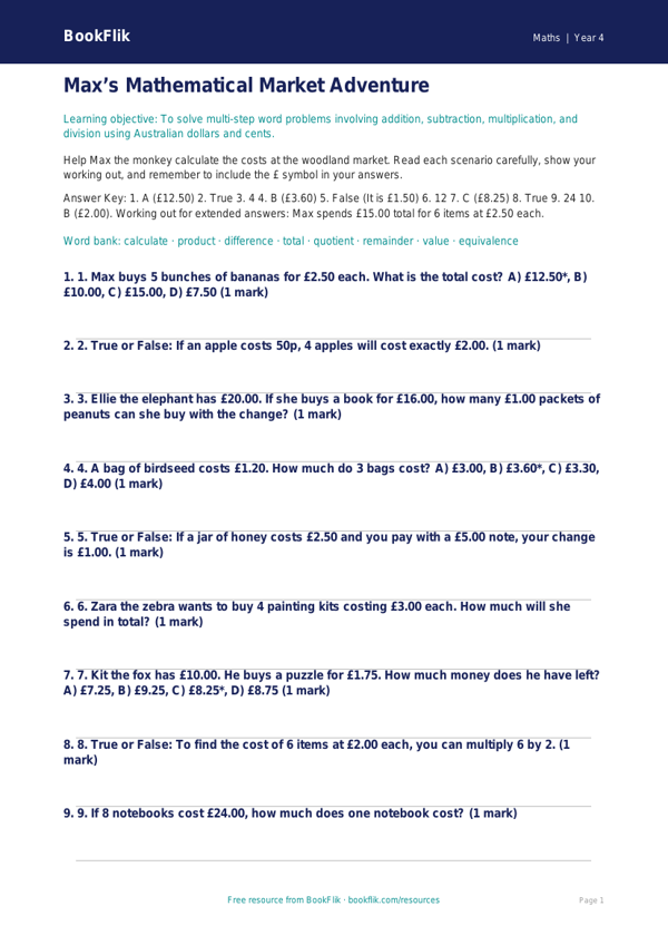 Year 4 Maths: Challenging Word Problems Quiz | Australian Curriculum worksheet preview — Maths Word Problems