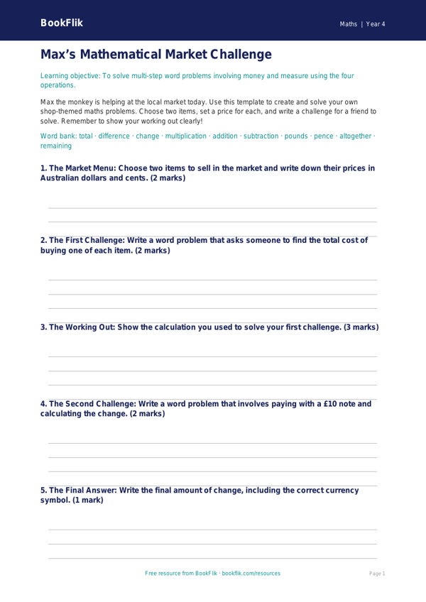 Free Word Problems Template | Year 4 | Maths | BookFlik worksheet preview — Maths Word Problems