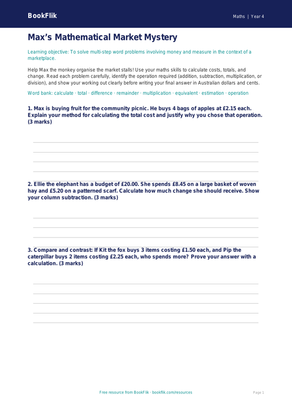 Free Word Problems Template | Year 4 | Maths | BookFlik worksheet preview — Maths Word Problems