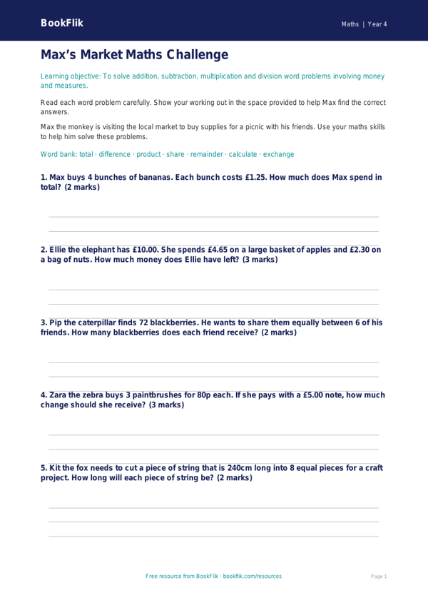 Free Word Problems Worksheet | Year 4 | Maths | BookFlik worksheet preview — Maths Word Problems