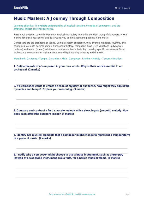 Composers Assessment Year 4 | Music Curriculum | BookFlik worksheet preview — Music Composers