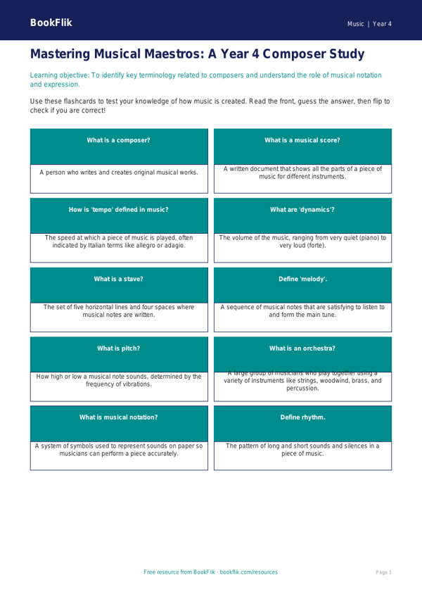 Free Composers Flashcards | Year 4 | Music | BookFlik worksheet preview — Music Composers