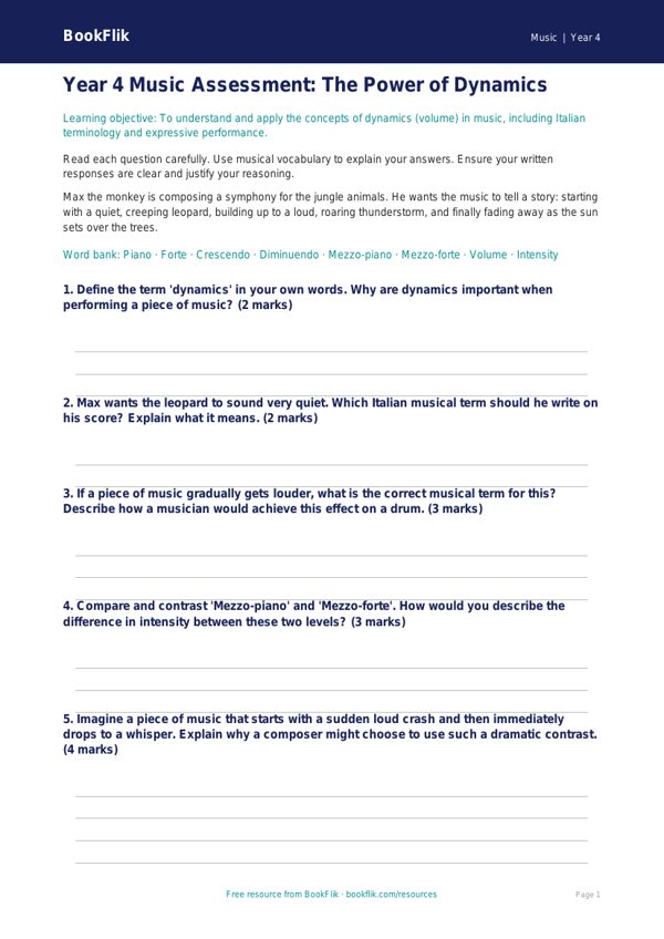 Dynamics Assessment Year 4 | Music Lesson | BookFlik worksheet preview — Music Dynamics