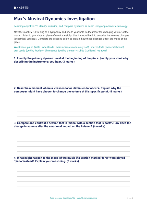 Dynamics in Music: Year 4 Lesson & Activity | BookFlik worksheet preview — Music Dynamics