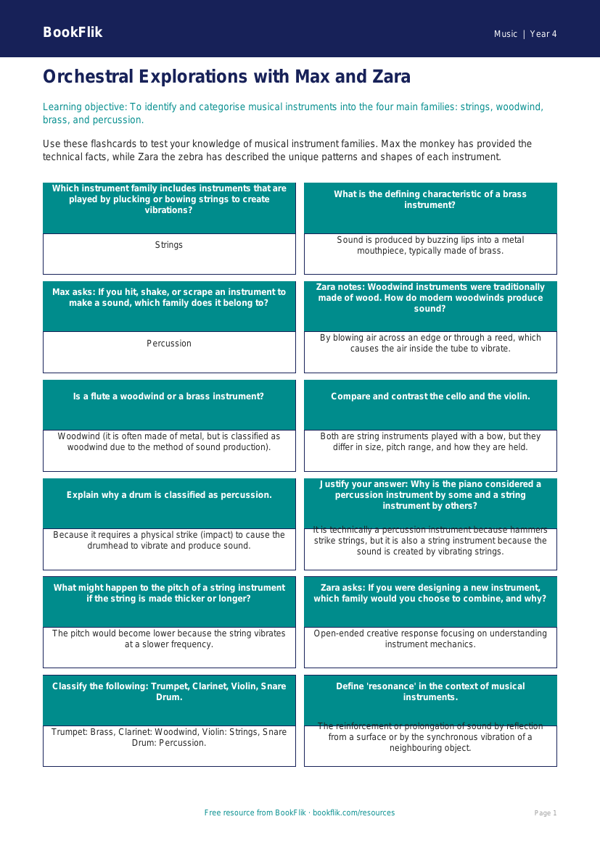 Free Instruments Flashcards | Year 4 | Music | BookFlik worksheet preview — Music Instruments