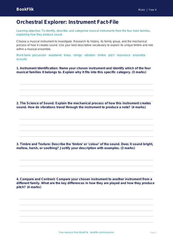 Free Musical Instruments Template | Year 4 Music | BookFlik worksheet preview — Music Instruments