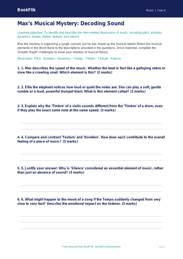 Free Musical Elements Activity Sheet | Year 4 | Music | BookFlik worksheet preview — Music Musical Elements