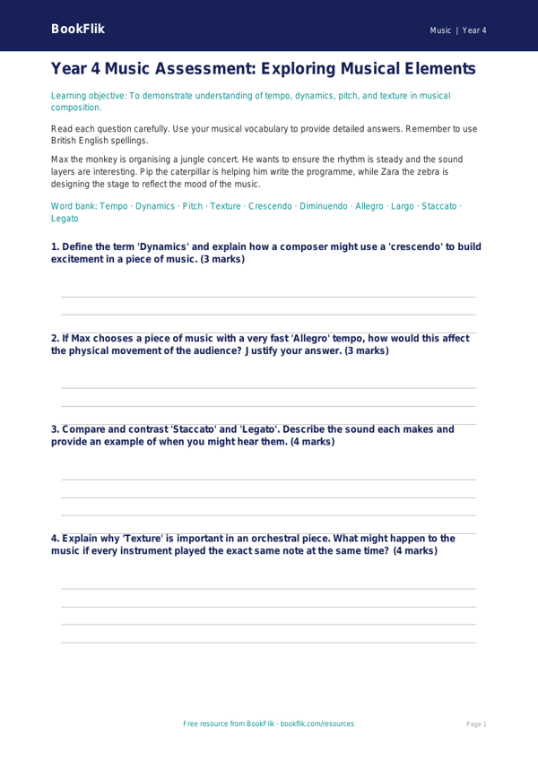 Free Musical Elements Assessment | Year 4 | Music | BookFlik worksheet preview — Music Musical Elements