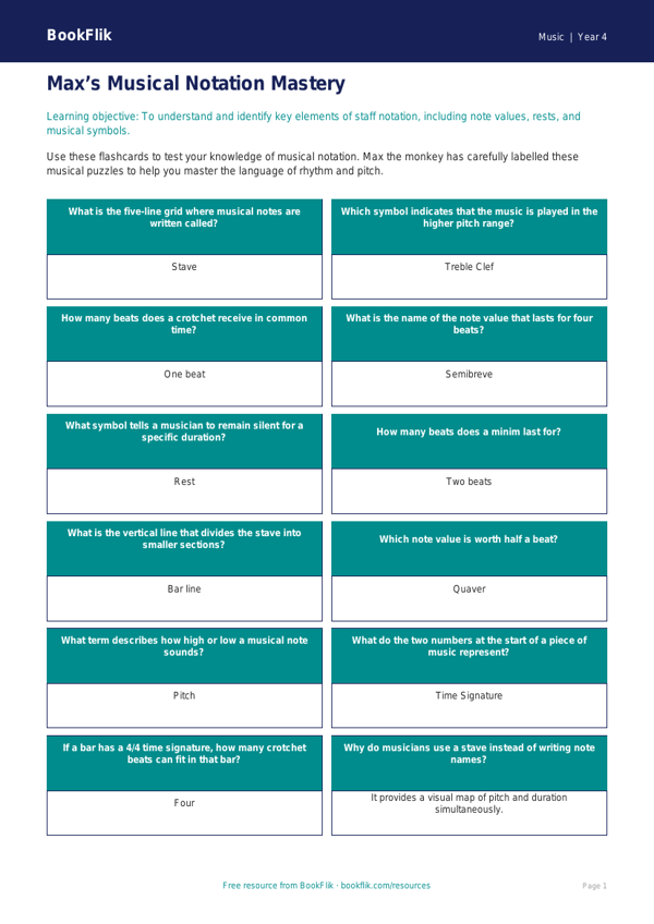 Music Notation Flashcards | Year 4 Australian Curriculum | BookFlik worksheet preview โ Music Notation