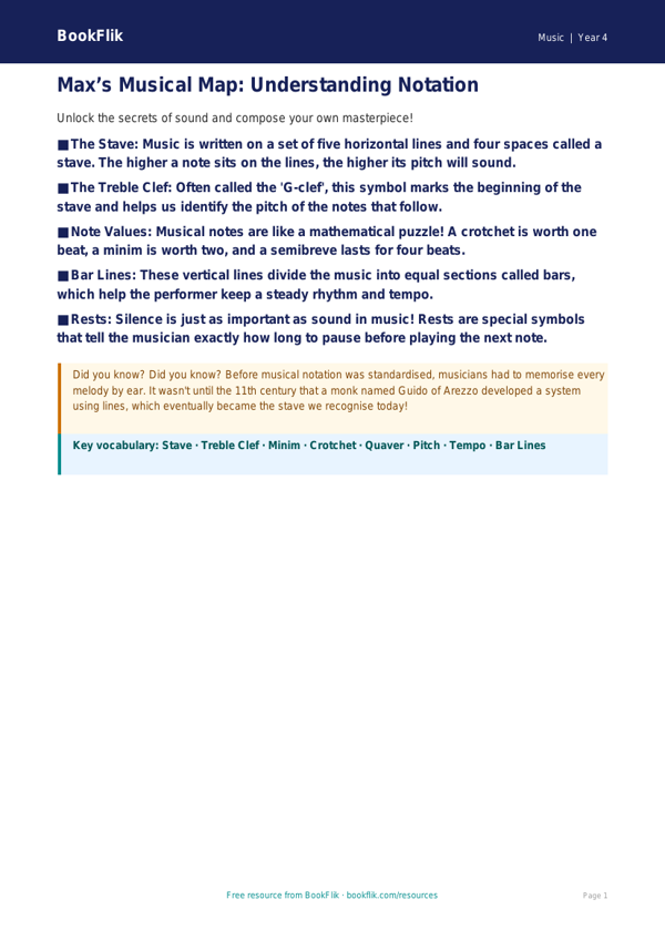 Free Music Notation Poster | Year 4 Australian Curriculum | BookFlik worksheet preview — Music Notation