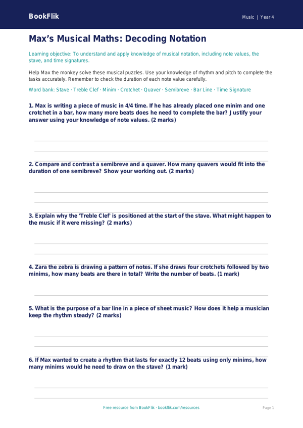Free Music Notation Worksheet | Year 4 | Australian Curriculum worksheet preview โ Music Notation