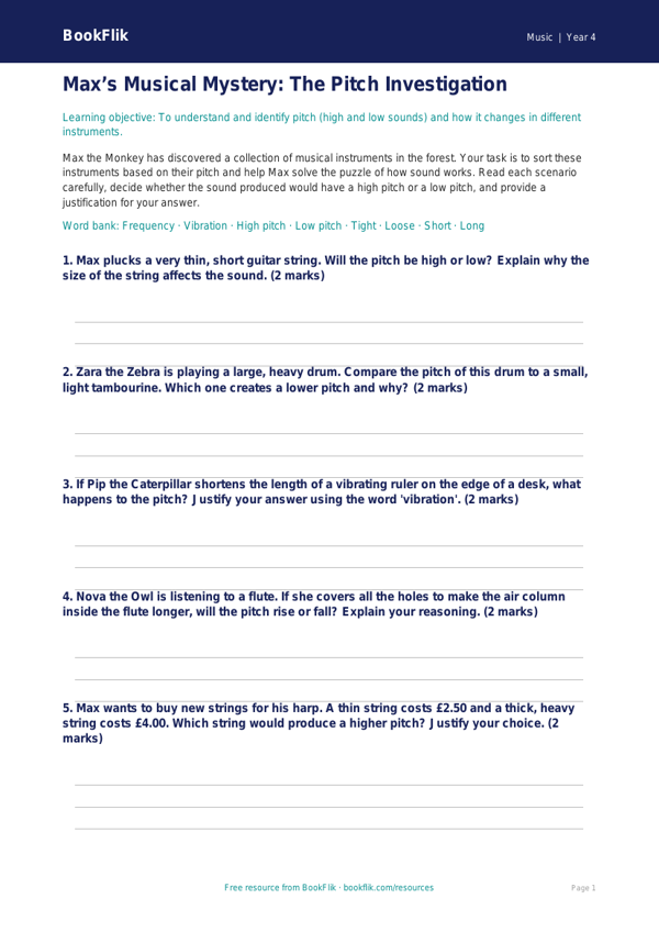 Free Pitch Activity Sheet | Year 4 | Music | BookFlik worksheet preview — Music Pitch