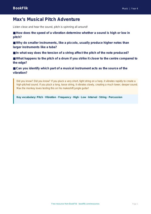 Free Pitch Poster | Year 4 | Music | BookFlik worksheet preview — Music Pitch