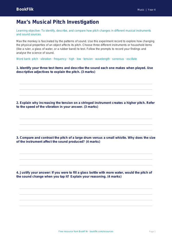 Year 4 Music: Understanding Pitch | Greater Depth Resource | BookFlik worksheet preview — Music Pitch