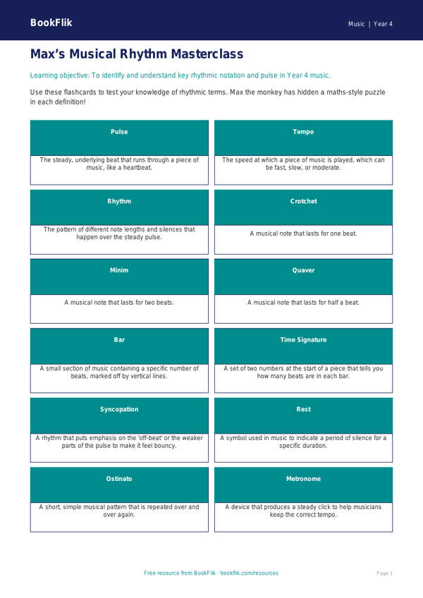 Free Rhythm Flashcards | Year 4 | Music | BookFlik worksheet preview — Music Rhythm