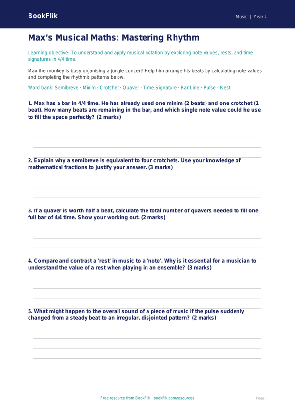 Free Rhythm Worksheet | Year 4 | Music | BookFlik worksheet preview — Music Rhythm