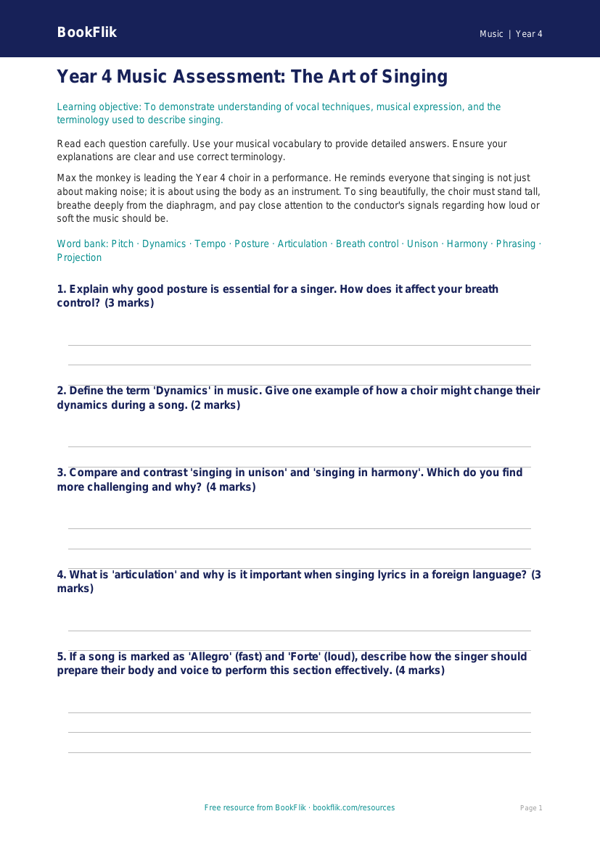 Year 4 Music Singing Assessment | Greater Depth | Australian Curriculum worksheet preview — Music Singing