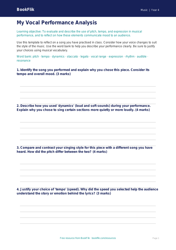 Singing and Vocal Expression Template | Year 4 Music | BookFlik worksheet preview — Music Singing
