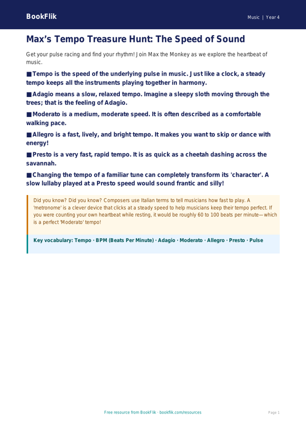 Free Tempo Poster | Year 4 | Music | BookFlik worksheet preview — Music Tempo