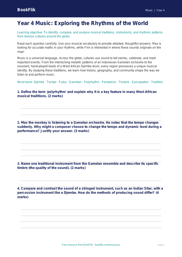 Free World Music Assessment | Year 4 | Music | BookFlik worksheet preview — Music World Music