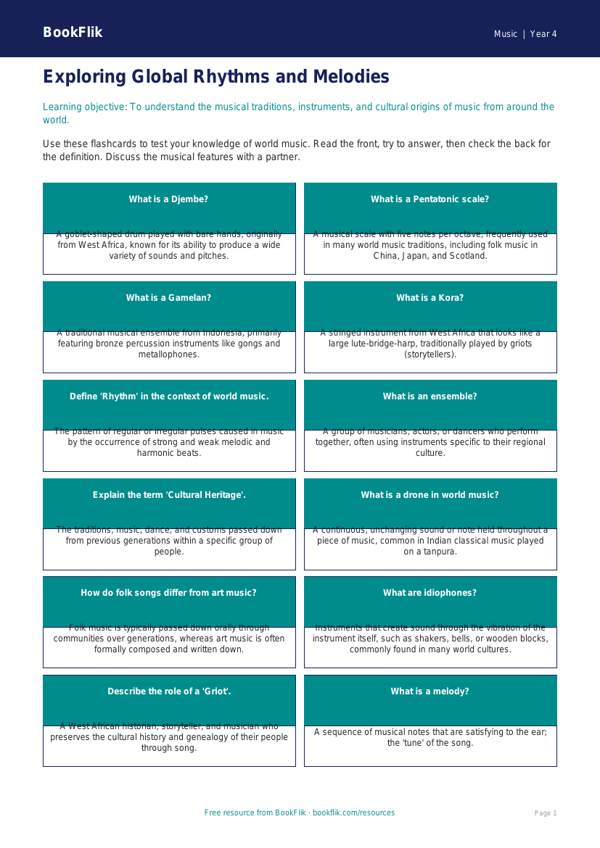 World Music Flashcards for Year 4 | Australian Curriculum Music worksheet preview — Music World Music