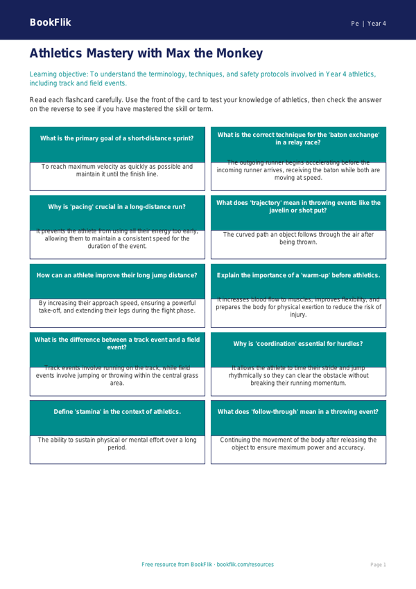 Athletics Flashcards Year 4 | PE Resources | BookFlik worksheet preview — Pe Athletics