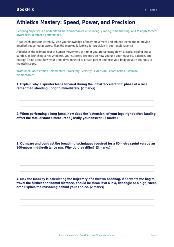 Athletics Worksheet Year 4 Free | Australian Curriculum PE worksheet preview — Pe Athletics