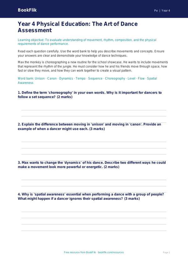 Year 4 Dance Assessment Task: Creative Movement | Australian Curriculum worksheet preview โ Pe Dance
