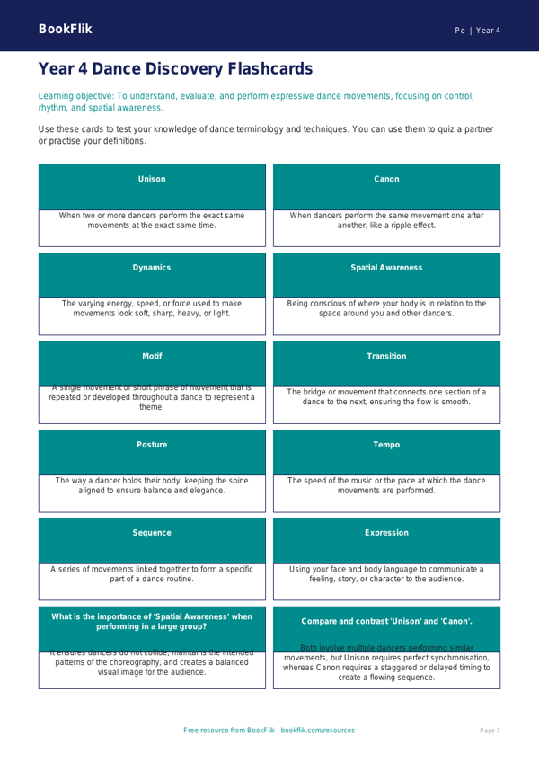 Dance Flashcards Year 4 | Australian Curriculum PE | BookFlik worksheet preview — Pe Dance