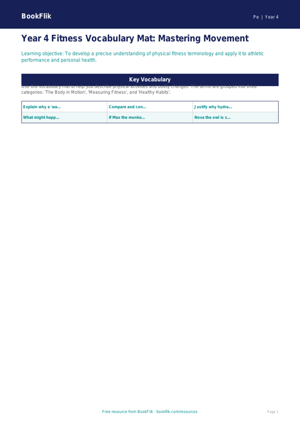 Year 4 Fitness Word Mat | PE Vocabulary | Australian Curriculum worksheet preview — Pe Fitness