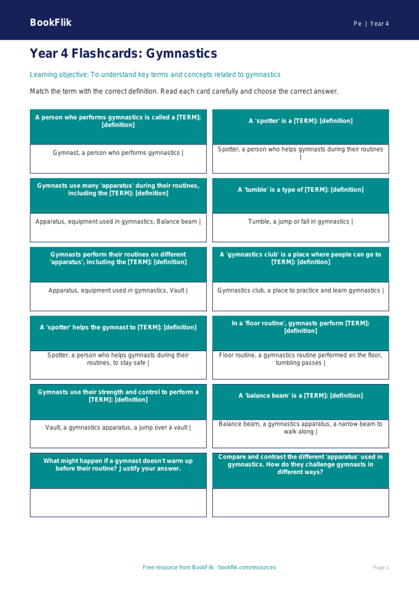 Year 4 Gymnastics Flashcards | Australian Curriculum PE Resources worksheet preview โ Pe Gymnastics