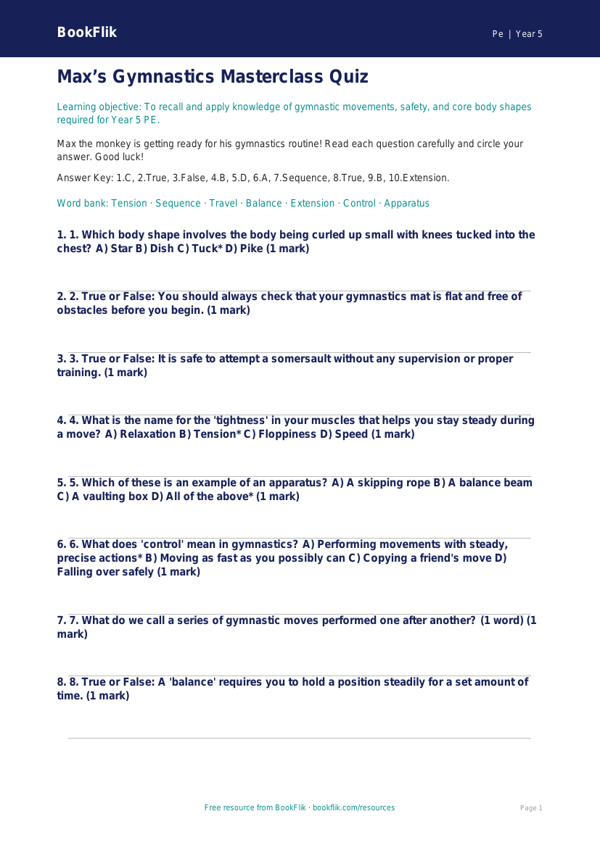 Gymnastics Quiz for Year 5 Students | Australian Curriculum PE worksheet preview — Pe Gymnastics