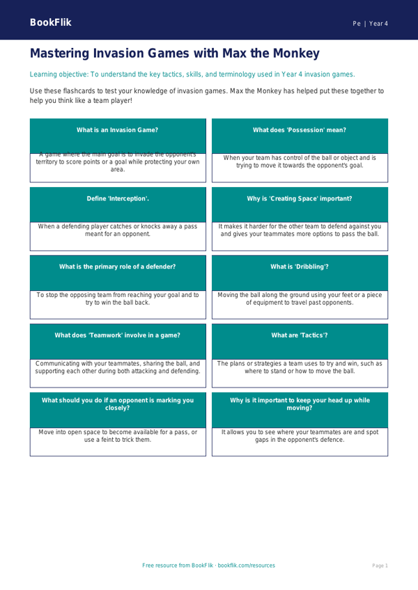 Free Invasion Games Flashcards | Year 4 | PE | BookFlik worksheet preview — Pe Invasion Games