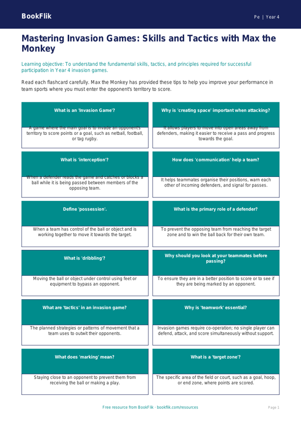Invasion Games Flashcards | Year 4 PE Resources | BookFlik worksheet preview — Pe Invasion Games