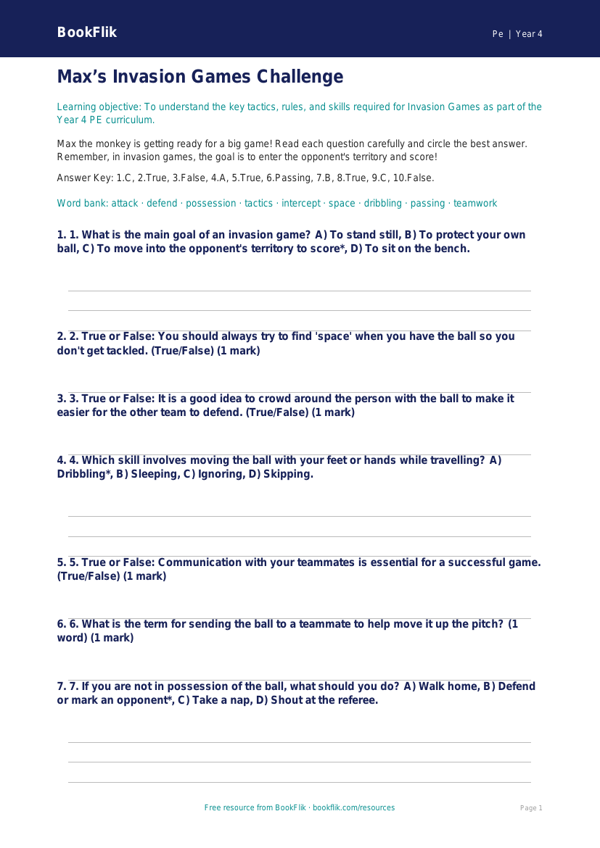 Free Invasion Games Quiz | Year 4 | PE | BookFlik worksheet preview — Pe Invasion Games
